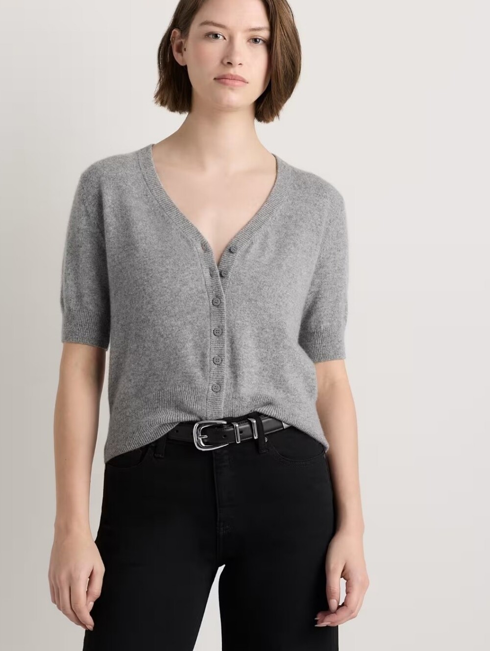 Quince Mongolian Cashmere Short Sleeve Cardigan Heater Grey Size L